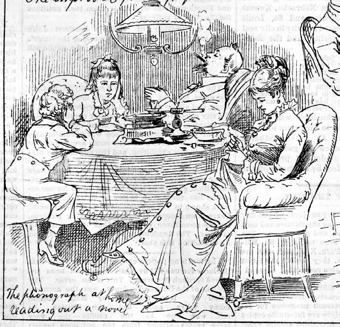 Historical illustration of a phonograph reading a novel aloud